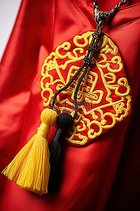 一件中国传统服装，上面挂着一个红黄黑的钱包