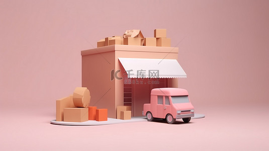 数字购物和快速交付电子商务概念与卡车运输的 3D 渲染
