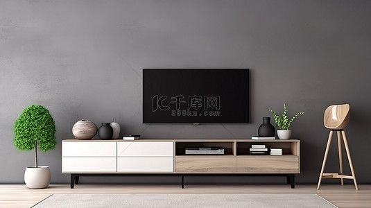 灰色电视柜背景图片_时尚的起居空间灰色墙壁木地板和电视柜以 3D 呈现