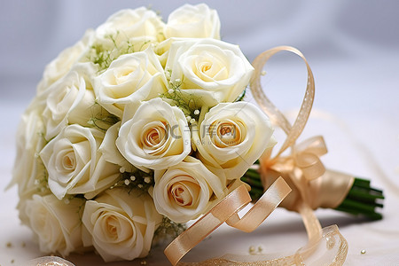 新娘花束中的白玫瑰，带绿丝带