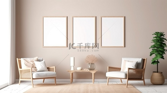 室内简约装饰背景图片_简约的斯堪的纳维亚房间内部配有中性色家具，展示海报框架模型
