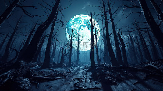 森林月亮背景图片_满月照亮 3D 插图中的怪异森林