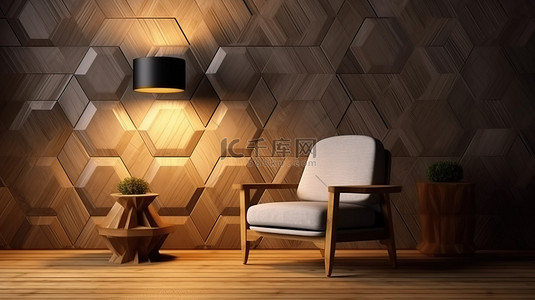 榻榻米cad背景图片_禅宗日式房间的 3D 渲染，配有六边形壁灯扶手椅和榻榻米地板上的矮桌