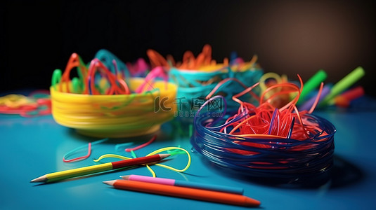 家教室背景图片_蓝色桌面上伴随着 3D 笔的充满活力的塑料丝