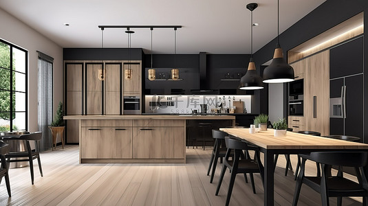 漂亮的厨房背景图片_令人惊叹的厨房和餐厅，铺有木地板，采用 3D 渲染