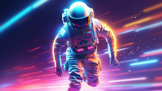 科技宇航员背景背景图片_逆波音乐激发宇航员霓虹灯运行令人惊叹的 3D 插图