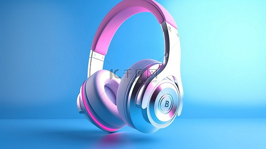 粉红线背景的 3D 渲染，带有蓝色耳机和文本空间