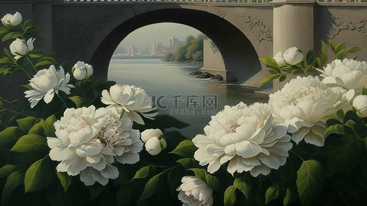古代小孩坐桥边背景图片_牡丹桥边绽放粉白配色写实背景