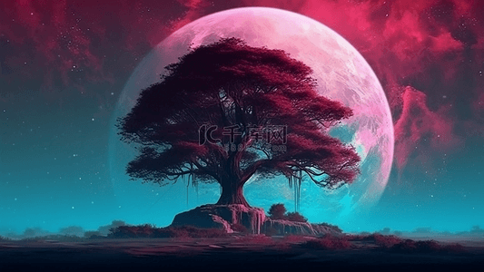 一棵大树绿色大树背景图片_月亮云层蓝色飘逸紫色大树幻影可爱