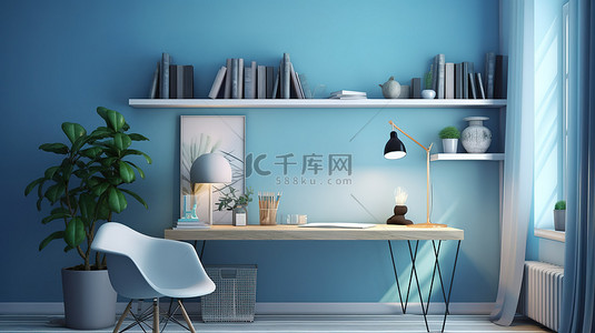 渲染植物背景图片_具有蓝色墙壁内部的家庭工作区的 3D 渲染