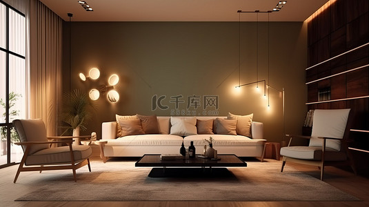 精致的客厅设计，配有现代奢华和 3D 插图夜间照明