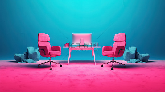 工作与计划背景图片_大胆的粉色和蓝色椅子笔记本电脑和办公桌，采用双色调风格，与粉色和蓝色背景形成 3D 渲染的对抗概念