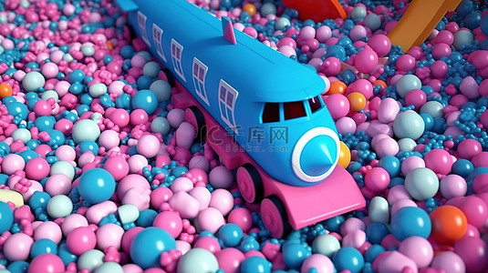 粉色玩具车背景图片_充满活力的球围绕着粉色玩具火车和飞机，呈现出引人注目的蓝色 3D 渲染效果