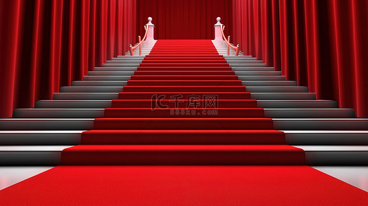 活动贵宾背景图片_红地毯楼梯令人惊叹的 3D 渲染，路径障碍非常适合贵宾活动
