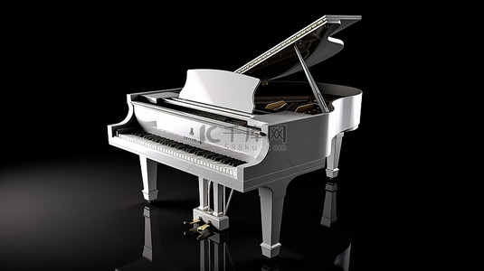 黑色背景下体积光照亮的白色钢琴的 3D 渲染