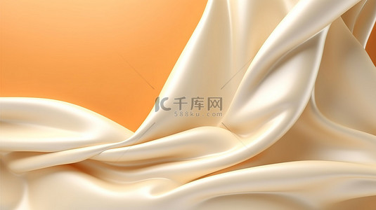 金色框架中奶油色和橙色场景的 3D 渲染，带有抽象白色织物浮子