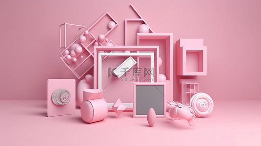 粉红色插图，具有 3D 社交媒体渲染中的按钮和相框等几何形状