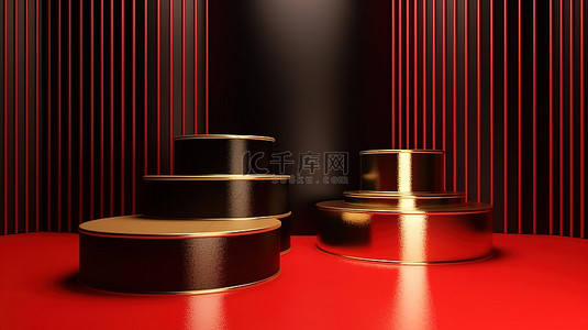 制造业产品介绍背景图片_产品展示大胆的金色领奖台的 3D 渲染，在充满活力的红色背景下带有条纹黑色细节