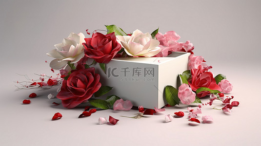 玫瑰花装饰礼盒和贺卡 3D 渲染
