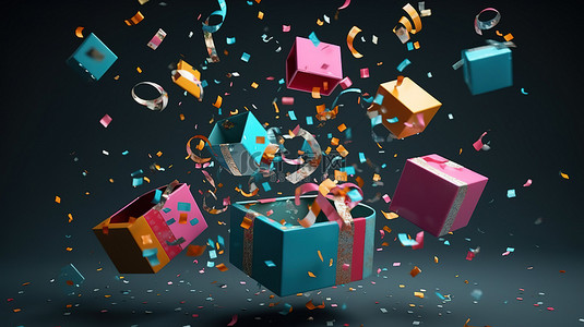 礼盒打开的背景图片_在五颜六色的五彩纸屑中漂浮打开的 3D 圣诞礼物