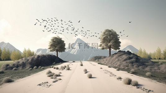 沙漠公路背景图片_漂浮土路上的孤立创意设计山树和鸟类 3D 插图