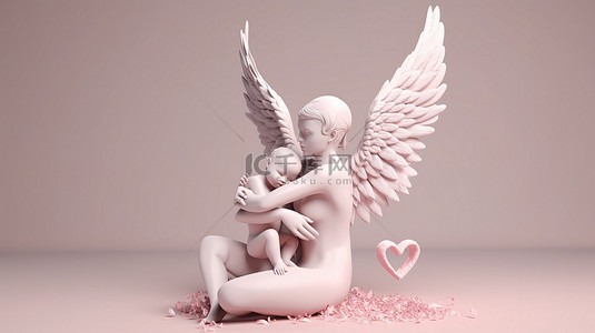 母亲节d背景图片_一位长着翅膀的母亲用心形图案温柔地爱抚她的孩子的数字艺术作品