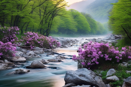 一条河流流经岩石山丘，周围环绕着树木和鲜花