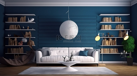 木地板客厅背景图片_现代休息室氛围白色家具和海军蓝色墙壁，带有墙条和飞镖，适合充满活力的 3D 渲染