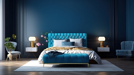 优雅的深蓝色墙壁上的卧室灵感 3D 框架模型，配有舒适的白色和蓝色枕头