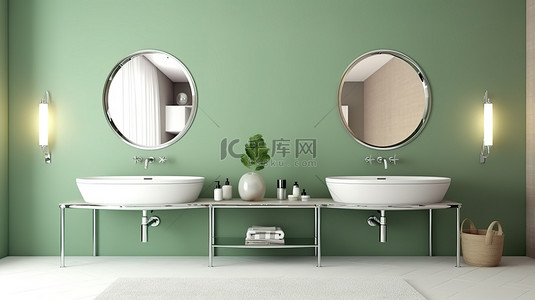 绿墙浴室中白色双洗脸盆和两个椭圆形镜子的 3D 渲染