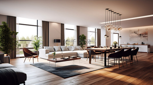 休息区温馨提示背景图片_现代宽敞的客厅，配有充足的休息区和用餐区，位于新建的公寓中，以 3D 可视化