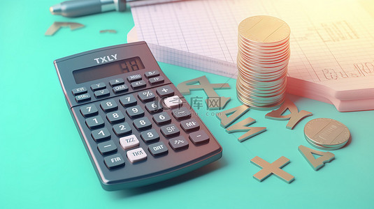 财务单背景图片_计算器硬币的柔和 3d 渲染和描述税收和津贴列表概念的文本
