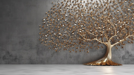 灰色墙壁上的铜和金树抽象 3d 渲染