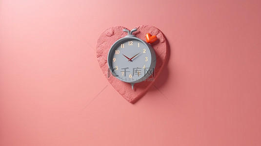 浪漫的心形挂钟，永恒爱情的 3D 渲染插图