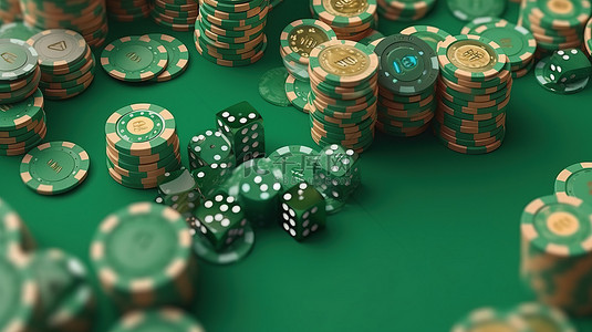 绿色背景白天 3D 渲染上赌场筹码扑克筹码和骰子的真实等距集合