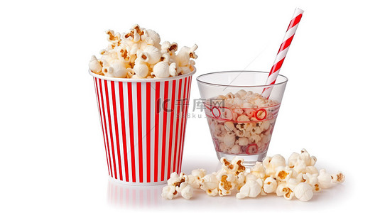 电影电影院背景图片_孤立的白色背景与 3d 眼镜爆米花和稻草杯