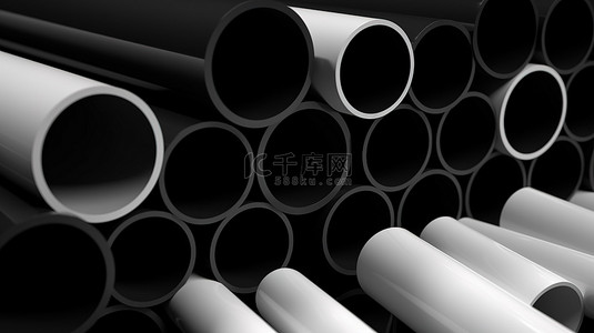 黑色背景 3D 渲染上特写管中的各种 PVC 管