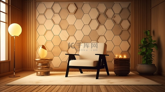 日式榻榻米背景图片_日式禅宗房间的 3D 渲染，六角形灯安装在墙壁扶手椅上，榻榻米地板上的矮桌上