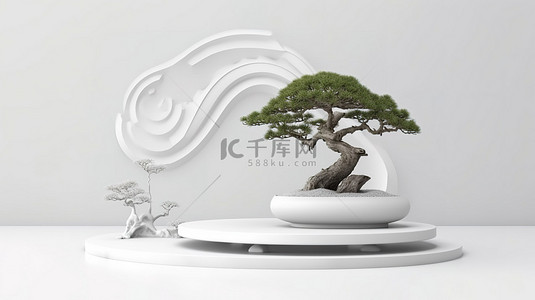 白色背景上带有盆景树的日式抽象讲台的 3D 渲染
