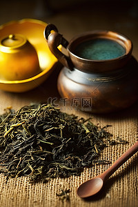 黑茶壶背景图片_茶壶里的黑乌龙茶，用木勺