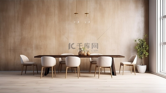 时尚的餐厅木桌和椅子，具有别致的墙壁纹理和家庭室内背景中的模拟装饰