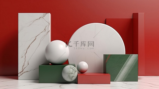 抽象 3D 渲染白色大理石上的绿色几何形状，带有一丝红色