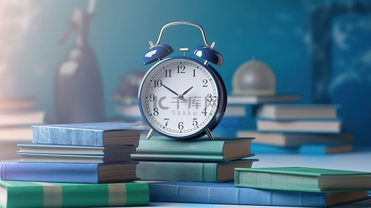 蓝色隔离背景 3d 渲染的时钟和书籍