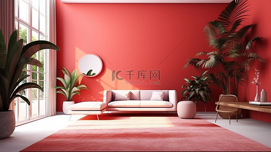 木尔插图背景图片_宽敞的现代客厅的 3D 渲染插图，配有充满活力的科拉尔红色内饰