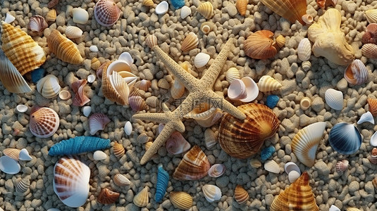 海滩上各种贝壳和海星的鸟瞰图 3D 渲染