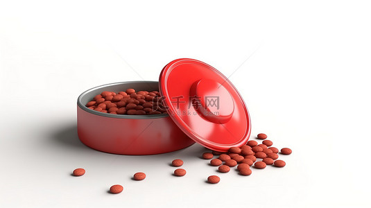 白色背景红碗中狗粮包装袋和干粮的 3D 渲染设计