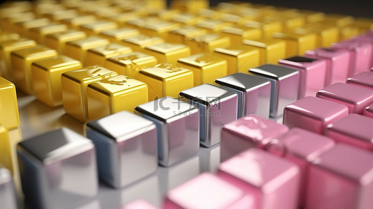粉色和黄色 3D 金属立方体展示，用于产品展示渲染图像
