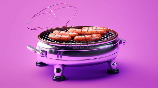 充满活力的紫色烤架上的铁板香肠 3D 渲染插图