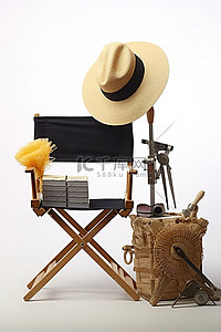 演员办公桌和摄影设备，旁边有一顶带稻草的帽子