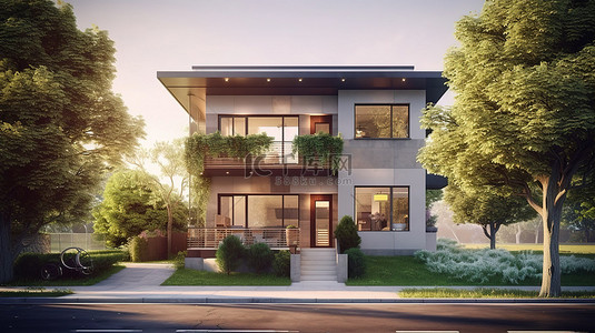 卡通城市住宅背景图片_城市景观中一座三层小住宅的 3D 渲染，有道路走道和绿化